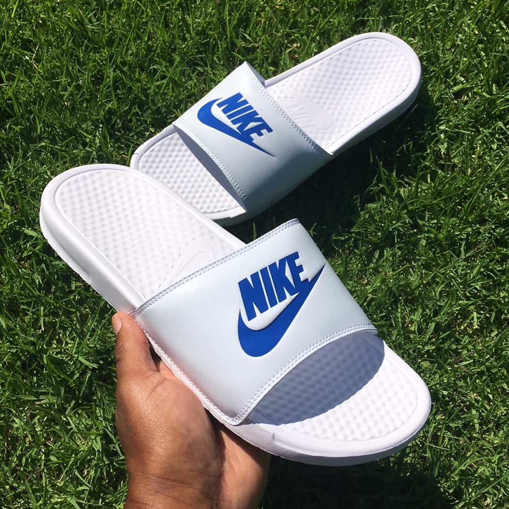 $ NIKE BENASSI SLIDES JUST DO IT WHITE ROYALS BLUES